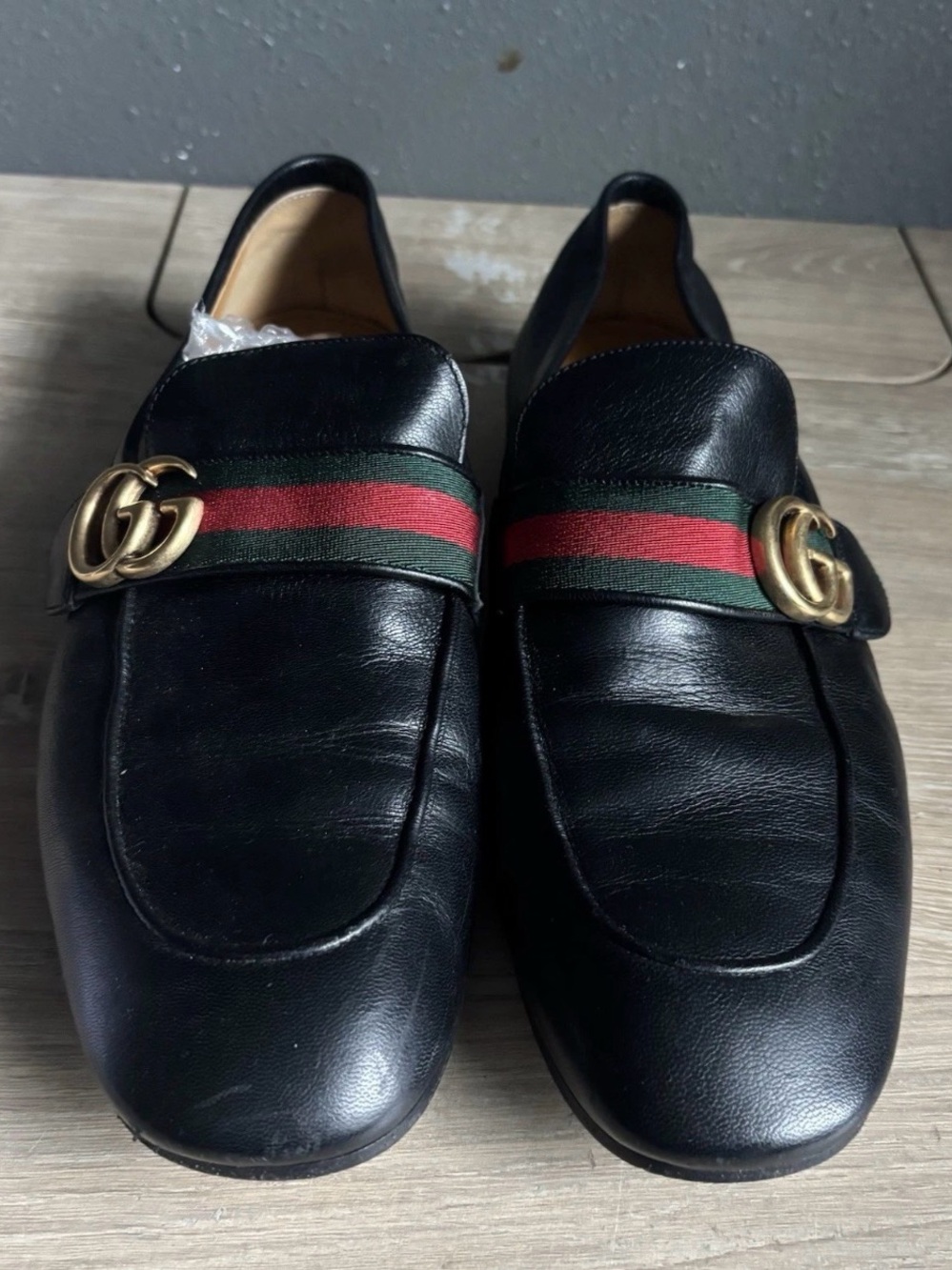 GUCCI Mens Donnie Web Double GG Loafers Heels Black Leather Sz 8.5 - Picture 2 of 16